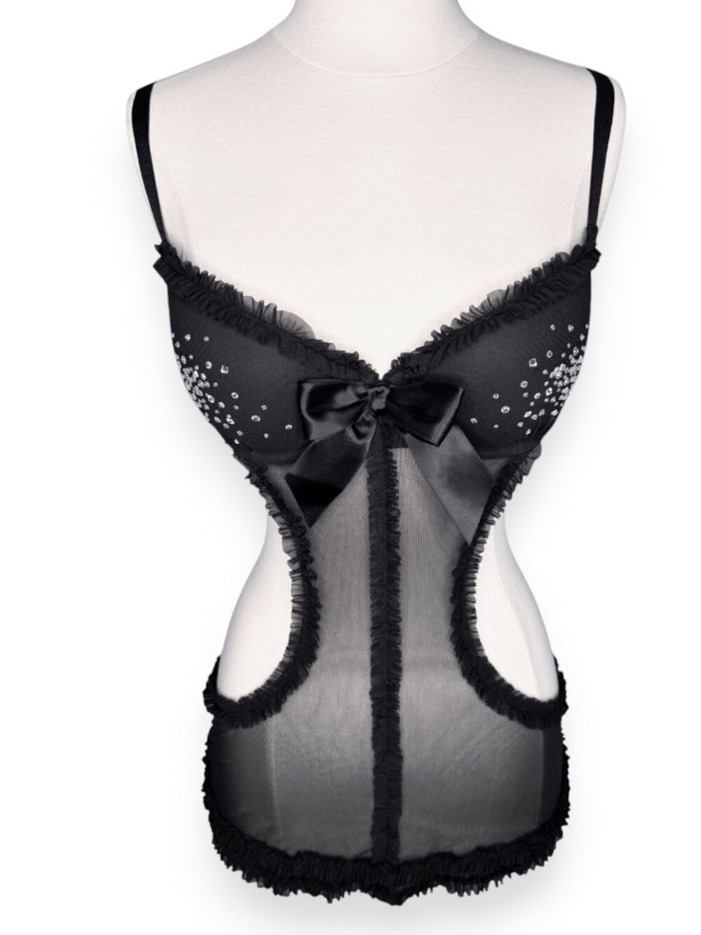 Victoria's Secret Sexy Little Things Black Satin Mesh Maid Apron Lingerie 36D